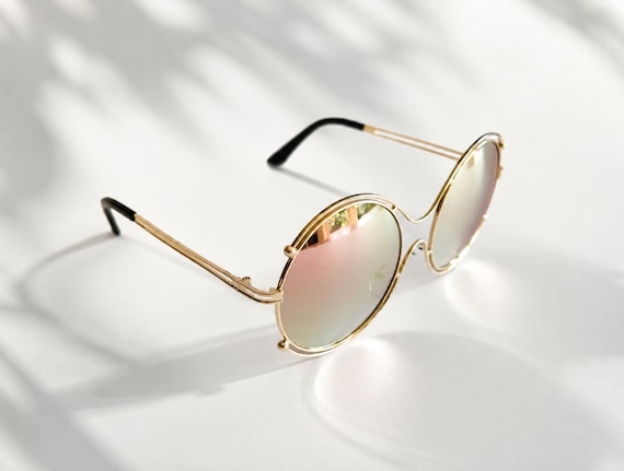 Vintage Oversized Round Sunglasses - Gold Frame Mirrored Lenses - Blue Green Amber - Retro 70s Hippie Boho Festival Sunglasses R4