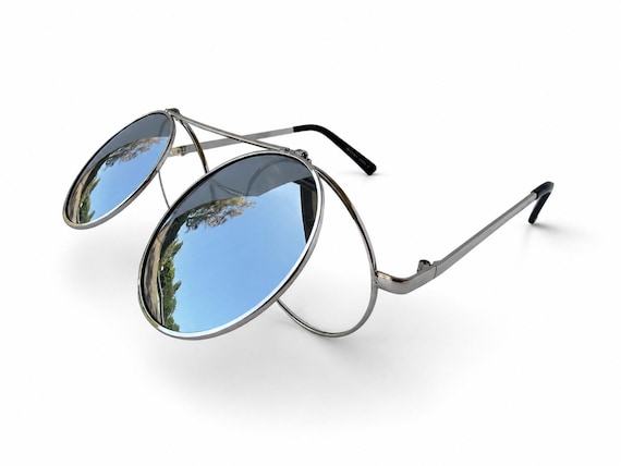 Classic Silver Round Flip Double Lens Sunglasses – Retro Mirror Lens Vintage Shades