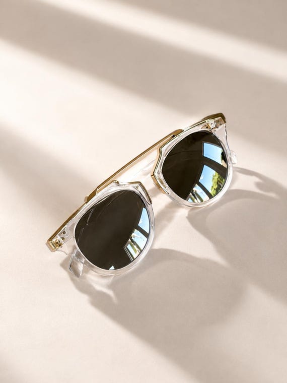 Clear Frame Round Sunglasses – Gold Brow Bar, Retro Silver Smoke Mirror Lenses - Clear & Gold Oversized Designer Sunglasses S1AM