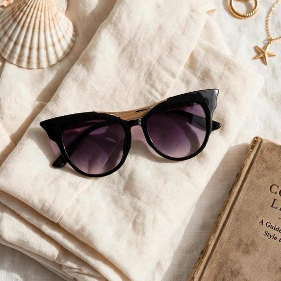 Vintage 1950s Cat Eye Sunglasses - Black Oversized Cateye Subglasses with Black Gradient Lenses & Gold Bar - Retro Glam Womens Sunglasses C1
