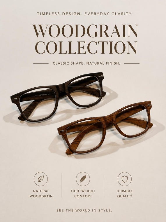 Wood Grain Clear Glasses, Lightweight Eyeglasses, Vintage Wood Look Frames, Unisex Optical Glasses, Fashion Eyewear A2