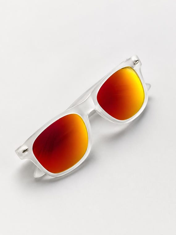Frosted White Mirrored Sunglasses | Blue, Green & Orange Mirror Lenses | Retro Wayfarer Sunglasses | Unisex Summer Beach Glasses M1