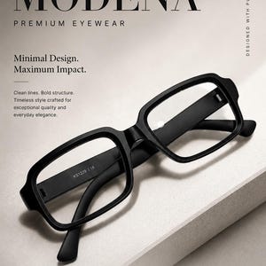 May include: Black rectangular eyeglasses with thick frames. The inner temple is printed with KS1229 and CE. The text MODENA PREMIUM EYEWEAR, Minimal Design. Maximum Impact. Clean lines. Bold structure. Timeless style crafted for exceptional quality and everyday elegance. DESIGNED WITH PURPOSE, LIGHTWEIGHT COMFORT, DURABLE ACETATE, TIMELESS STYLE, QUALITY YOU CAN SEE. CRAFTSMANSHIP YOU CAN FEEL. is visible.