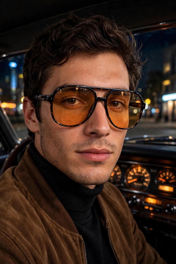 Vintage 70s Night Driving Glasses - Amber Lens Aviator -  Glare Reduction Glasses