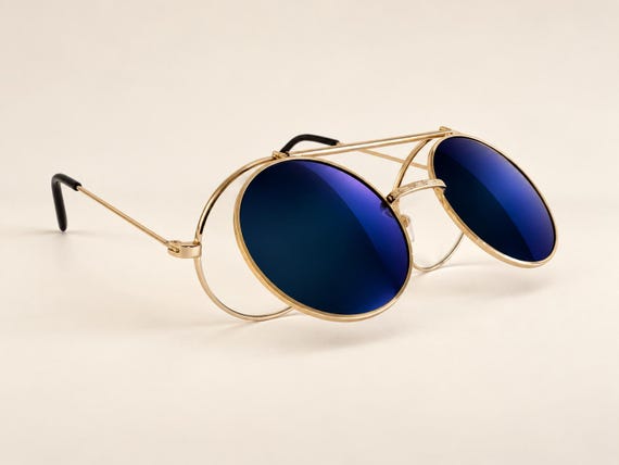Round Flip Up Steampunk Sunglasses, Mirrored Lenses, Black or Gold Metal Frames, Retro Double Bridge Eyewear, John Lennon Style  DR3