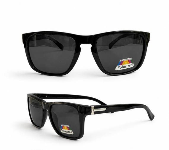 Designer Gloss Black Square Polarized Men Sunglasses with Metallic Temple Accents PLK