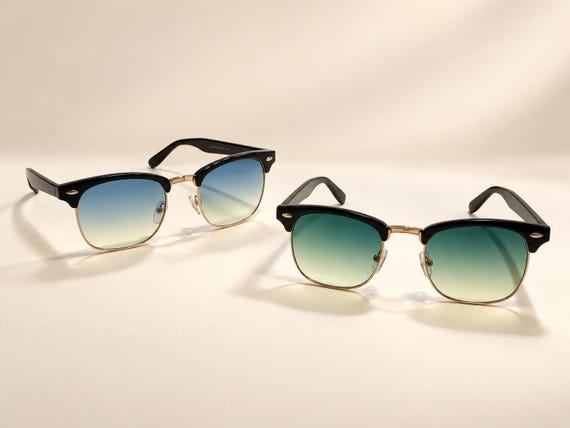 Classic 1950s Clubmaster Aviator Half-Rim Sunglasses – Retro Vintage Men Women Sunglasses - Ombré Two Tone Gradient Lenses W22