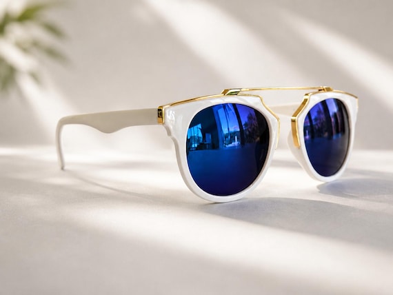 Luxury Designer-Inspired Oversized Sunglasses – White & Gold Frame with Blue  Iridescent Mirror Lenses | UV Protection Sunglasses S1