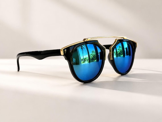 Luxury Black & Gold Round Sunglasses | Iridescent Blue Mirrored UV400 Lenses | Designer Fashion Shades | Unisex Statement Eyewear S1