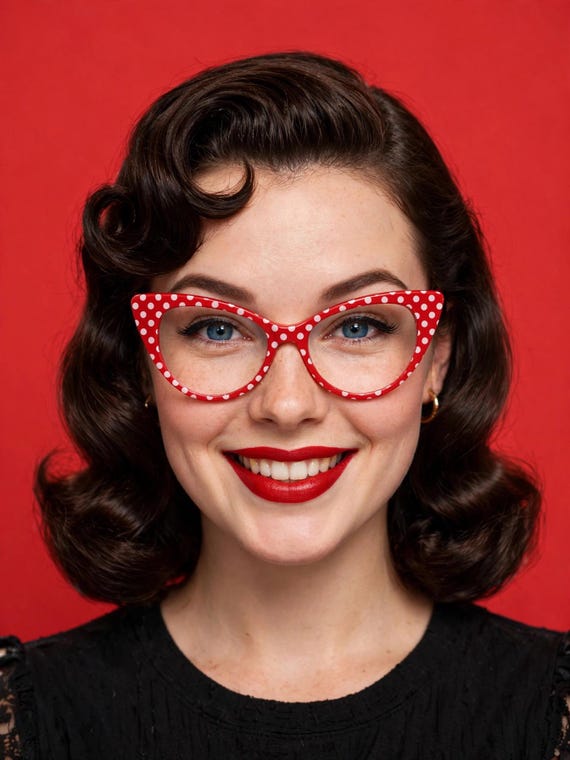 Red Polka Dot Cat Eye Glasses | 1950s Pinup Rockabilly Clear Glasses | Retro Vintage Style Eyewear | Fun Costume Glasses CP1