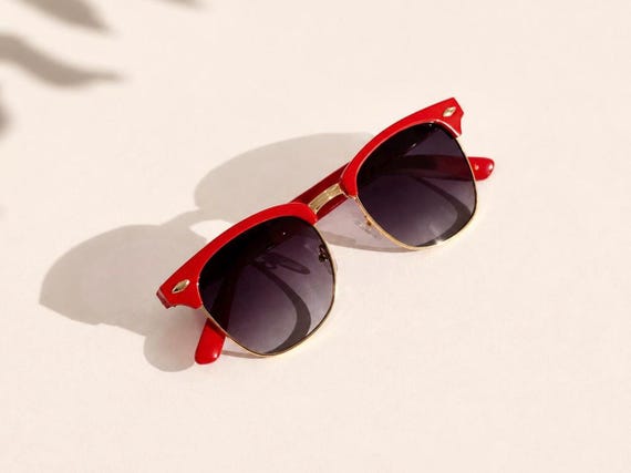 Red Retro Clubmaster Sunglasses | Fashion Sunglasses | Red & Gold Frame | Men Women Vintage Eyewear | Summer Shades