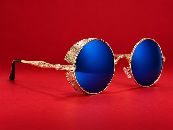 Retro Round Steampunk Sunglasses with Engraved Side Shields, Mirrored Lenses, Retro Gothic Style STE