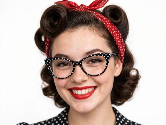 Vintage Style Polka Dot Cat Eye Glasses - Black & White Rockabilly Eyeglasses Frame - 50s Pinup Clear Lens - Fun Costume Glasses CP1