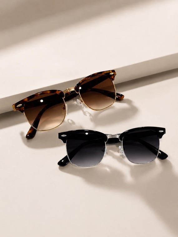 1950s Style Retro Square Clubmaster Gradient Aviator Sunglasses - Gold Rim Metal Frames A9