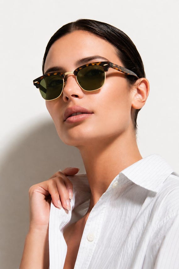 Retro 1950s 1960s Square Classic Clubmaater Half Frame Sunglasses - Green Lens Shades - Men Women Sunglasses - Metal Gold Rim Glasses
