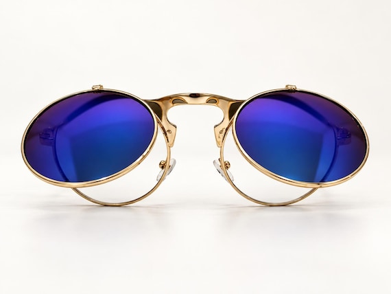 Round Flip Up Sunglasses, Retro Metal Frame, Mirrored Lenses, Steampunk Style, John Lennon Style Sunglasses FL1
