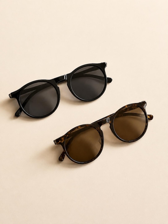 Retro Round Sunglasses, Black or Tortoiseshell Frames, Brown or Smoke Lenses, Unisex Vintage Style Fashion Eyewear KR2