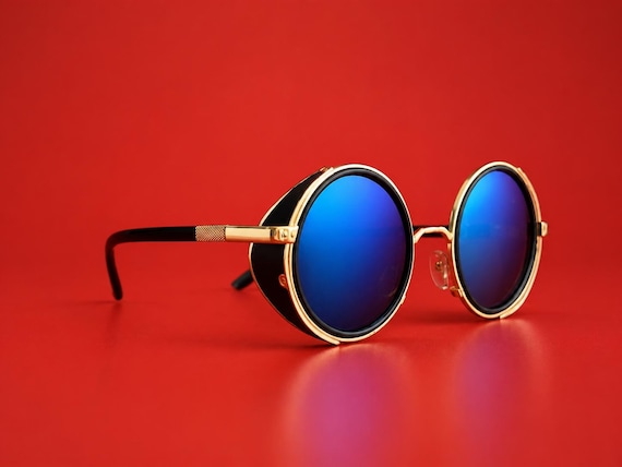 Retro Round Mirrored Sunglasses, Gold and Black Steampunk Glasses, Unisex Statement Eyewear, 3 Color Options