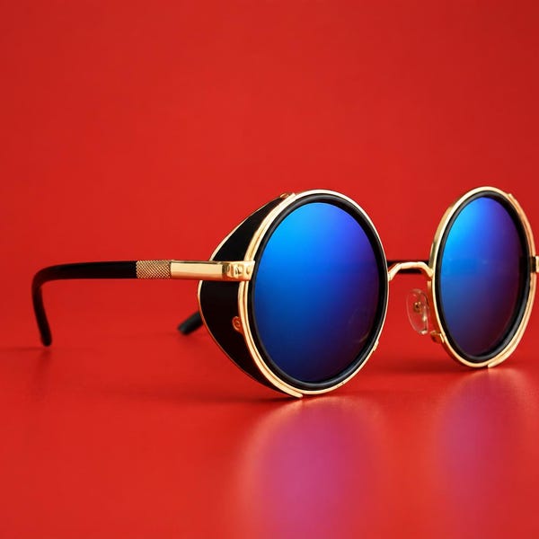 Lunettes de soleil rondes rétro à verres miroirs, style steampunk or et noir, lunettes unisexes tendance, 3 coloris disponibles