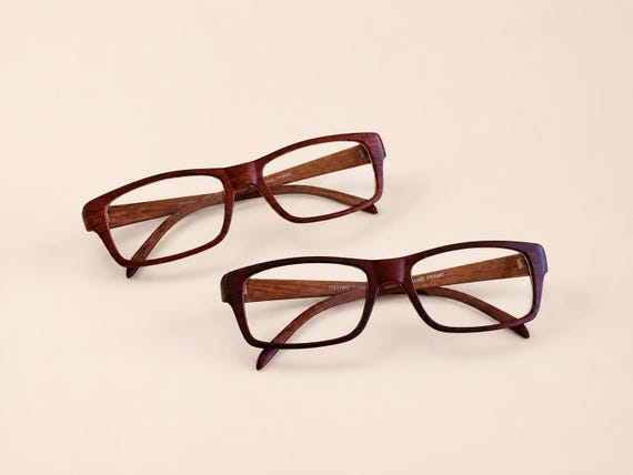 Dark Walnut Brown Eyeglass Frames or Mahogany Wood Grain, Retro Rectangle Clear Lens Glasses, Wood-Look Optical Frames, Fashion Eyewear A1