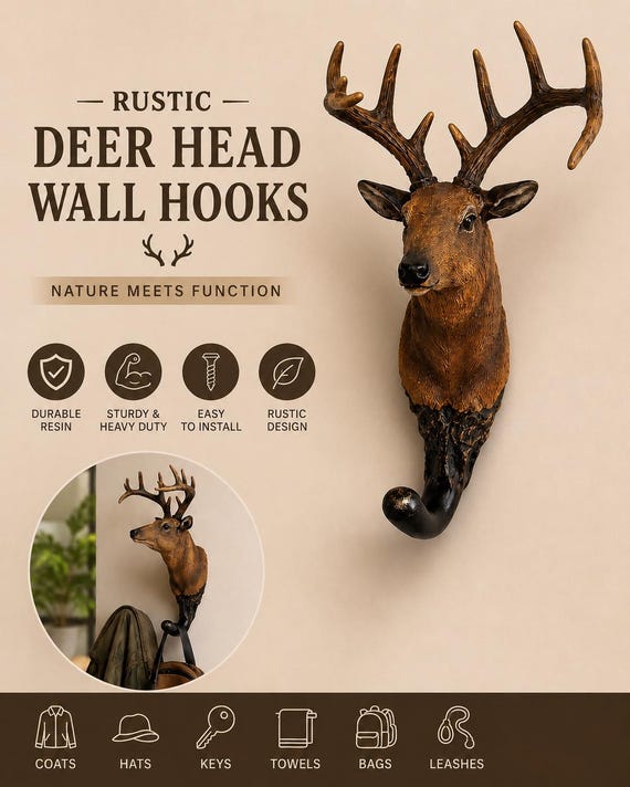 Rustic Deer Head Wall Hook | Decorative Stag Coat Hook | Woodland Entryway Organizer | Cabin Wall Decor | Heavy Duty Hook