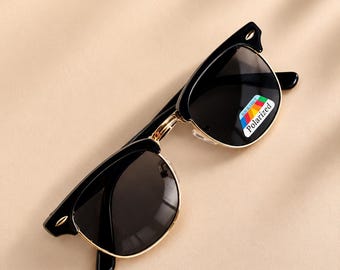 Gafas de sol polarizadas Clubmaster negras / Gafas de sol con montura dorada / Gafas de sol vintage de media montura / Gafas de sol retro para hombre y mujer / Pulidas a mano