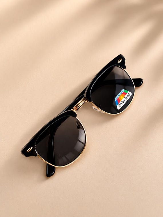 Black Clubmaster Polarized Sunglasses | Gold Frame Sunglasses | Vintage Half-Rim Sunglasses | Men Women Retro Sunglasses | Hand Polished