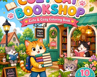 Cozy Cat Bookshop Coloring Book, Printable PDF, 10 Pages, Kids and Adults (Instant Download)