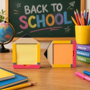May include: Two pencil-shaped sticky note holders, one house-shaped with yellow paper and one horizontal with orange paper, featuring pink and yellow bases, black tips, and grey accents, displayed on a wooden surface with school supplies.