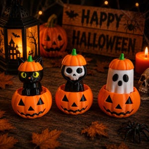 May include: Three small Halloween figurines featuring a black cat, a skull, and a white ghost, each emerging from an orange jack-o'-lantern base. The cat has yellow eyes, the skull has a black hood, and the ghost has a simple face design.