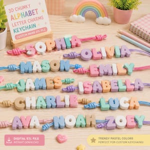 May include: A collection of chunky alphabet letter charms on colourful cords, forming names like Sophia, Olivia, Mason, Emily, James, Isabella, Charlie, Luca, Ava, Noah, and Zoey. The charms are in pastel shades, and a sign reads 3D CHUNKY ALPHABET LETTER CHARMS KEYCHAIN.