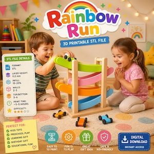 Pode incluir: Um arquivo STL imprimível em 3D para um brinquedo Rainbow Run com uma pista de vários níveis com rampas verde-limão, rosa, laranja e azul. O conjunto inclui pequenos carros de brinquedo e um guia de download digital detalhando configurações de impressão como altura de camada de 0,2 mm, preenchimento de 15-20% e tempo de impressão de 3 a 5 horas.