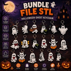 May include: A digital bundle of 15 unique STL files for 3D printing Halloween ghost keychains. The designs feature various white ghosts with black outlines, including ghosts with pumpkins, books, hearts, and hats, set against a dark spooky background.
