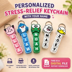 Personlig nyckelring för stresslindring med namn STL, personligt tangentbord med Fidget Clicker STL, anpassad nyckelring med namn STL