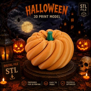 May include: A 3D print model of an orange pumpkin with a green stem, featuring text that reads HALLOWEEN 3D PRINT MODEL, DIGITAL FILE STL, PREPARED FOR 3D PRINTING, EASY TO PRINT, TESTED & OPTIMIZED, and STL FILE on a dark, spooky background.