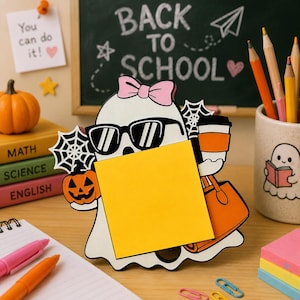 May include: A white ghost-shaped memo holder featuring a pink bow, black sunglasses, and a yellow square sticky note. The ghost holds a small orange jack-o'-lantern and an orange tote bag, with black spiderweb accents and a coffee cup.