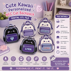 May include: A digital STL file for a personalized NFC cat backpack, featuring five small backpack designs in black, white, and purple with cat ears. The file details include STL format, millimeter units, and beginner difficulty for 3D printing.