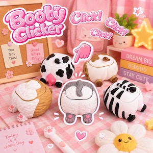 May include: A collection of five small animal-themed clicker toys featuring a cow, a brown dog, a gray cat, a zebra, and a tan dog. Each toy is shaped like the rear end of an animal with visible paws and tails, designed to make a clicking sound when pressed.