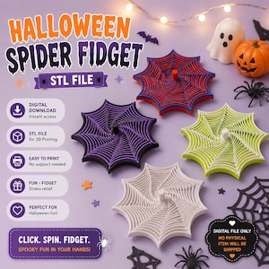 Może przedstawiać: Cyfrowy plik STL do druku 3D przedstawiający pająka typu fidget na Halloween. Obraz prezentuje cztery zabawki typu fidget w kształcie pajęczyn w kolorach czerwonym, fioletowym, limonkowym i białym oraz tekst Halloween Spider Fidget.