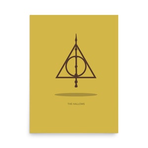 May include: A minimalist poster with a yellow background featuring the Deathly Hallows symbol, a triangle with a circle inside and a wand in the center. The text "THE HALLOWS" is below the symbol.
