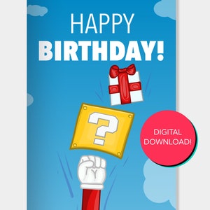 4x6 - Cartão de aniversário do Super Mario para impressão, cartão de felicitações para videogame, cartão para impressão do Mario para download instantâneo