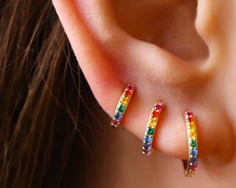 Rainbow Earrings hoops, gold huggie hoop earrings, best friend gift