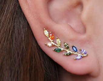 RAINBOW EARRINGS, multicolor leaf ear climber earrings, rainbow gift for her pride