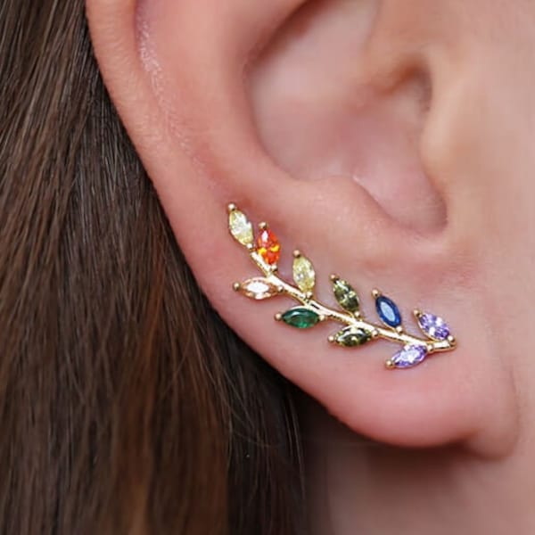 RAINBOW EARRINGS, multicolor leaf ear climber earrings, rainbow gift for her pride