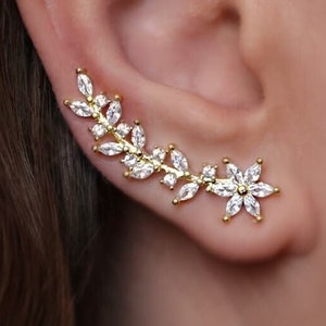Gold Climber Earrings, silver flower earrings, gift for her
