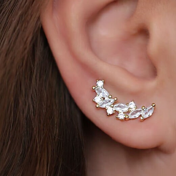 Moon Ear Climber Earrings, crystal crawling earring, gift for bestie