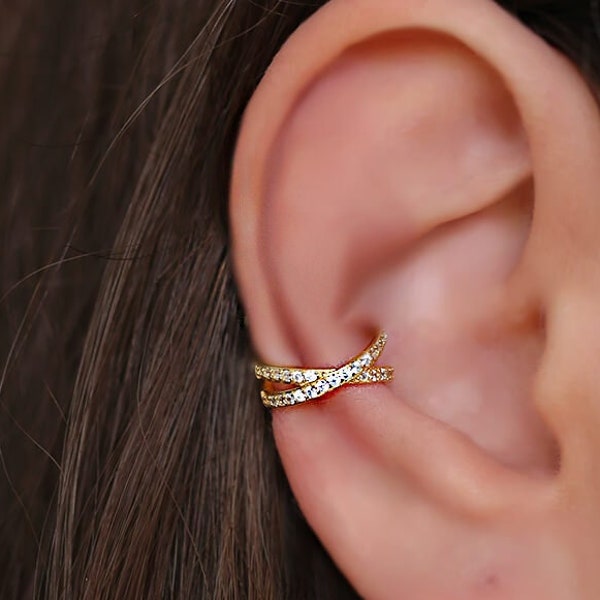 X Ear Cuff No Piercing, Criss Cross Rose Gold Ear Cuff Silver