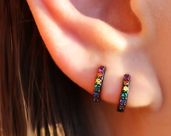 Black Earrings - Rainbow Huggie Hoops - Black hoop earrings - Pride gift *HB1556