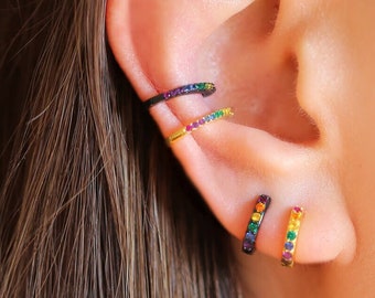 Huggie Earrings • Rainbow Earrings • Black Earrings Silver Gold • JewelryOptimist *E1228
