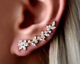 Ear Climber, boucles d'oreilles fleuries, CADEAU POUR ELLE, boucles d'oreilles en argent or rose, boucles d'oreilles nuptiales